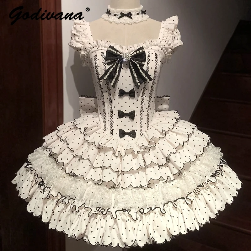 

Original Design Girls Sweet Polka Dot Princess Dress Multi-layered Lace Spliced High Waist Slim Short Cake Dress Birthday Party