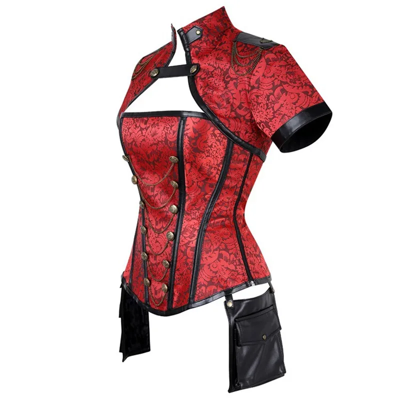 Steampunk Sexy High Collar Vintage Black Red Corset Women Burlesque Gothic Bodice Faux Leather Corset frenulum Bustiers Tops