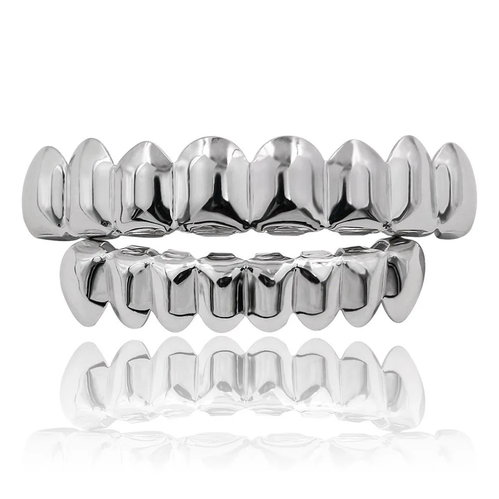 Glossy Finish Teeth Grillz Top Bottom Set Anti Slip Eco-friendly Copper Teeth Grillz Caps Gold Silver Teeth Jewelry Events