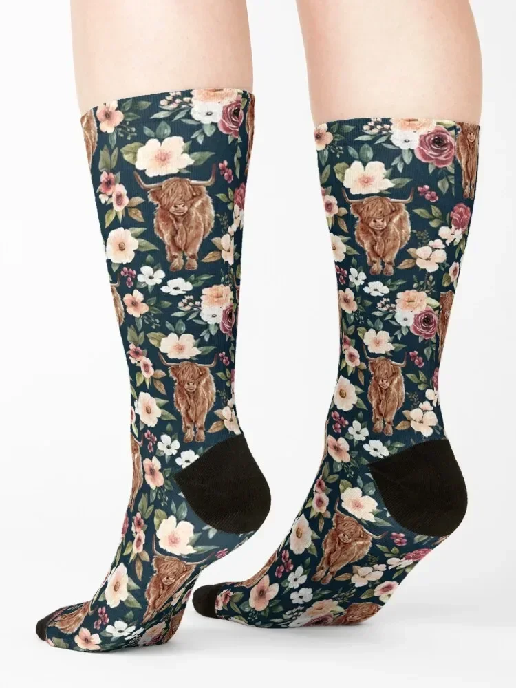 Chaussettes Highland Cow Floral pour hommes et femmes, chaussettes de compression à la mode