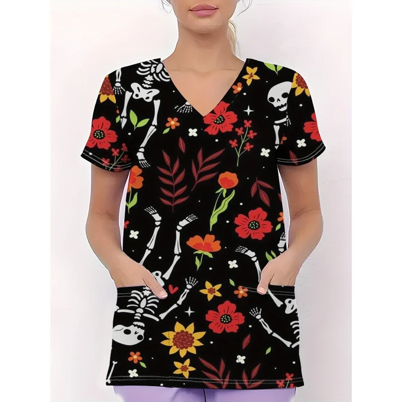 Halloween nurse costume for women Fun pattern of colorful flowers and playful skulls on a black background PrintingTShirt， ，Hall