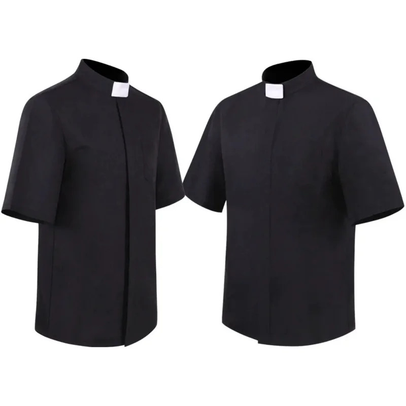 Priest Shirt Pastor cosplay costume  Men Medieval Clergy Catholic Church Minister Preacher Short Sleeve Tops Roman Blouse IA2267