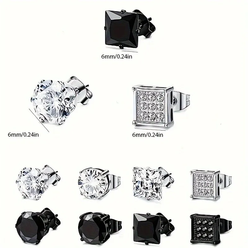 8 Pairs Stainless Steel Stud Earrings For Men, Square Cubic Zirconia Earrings