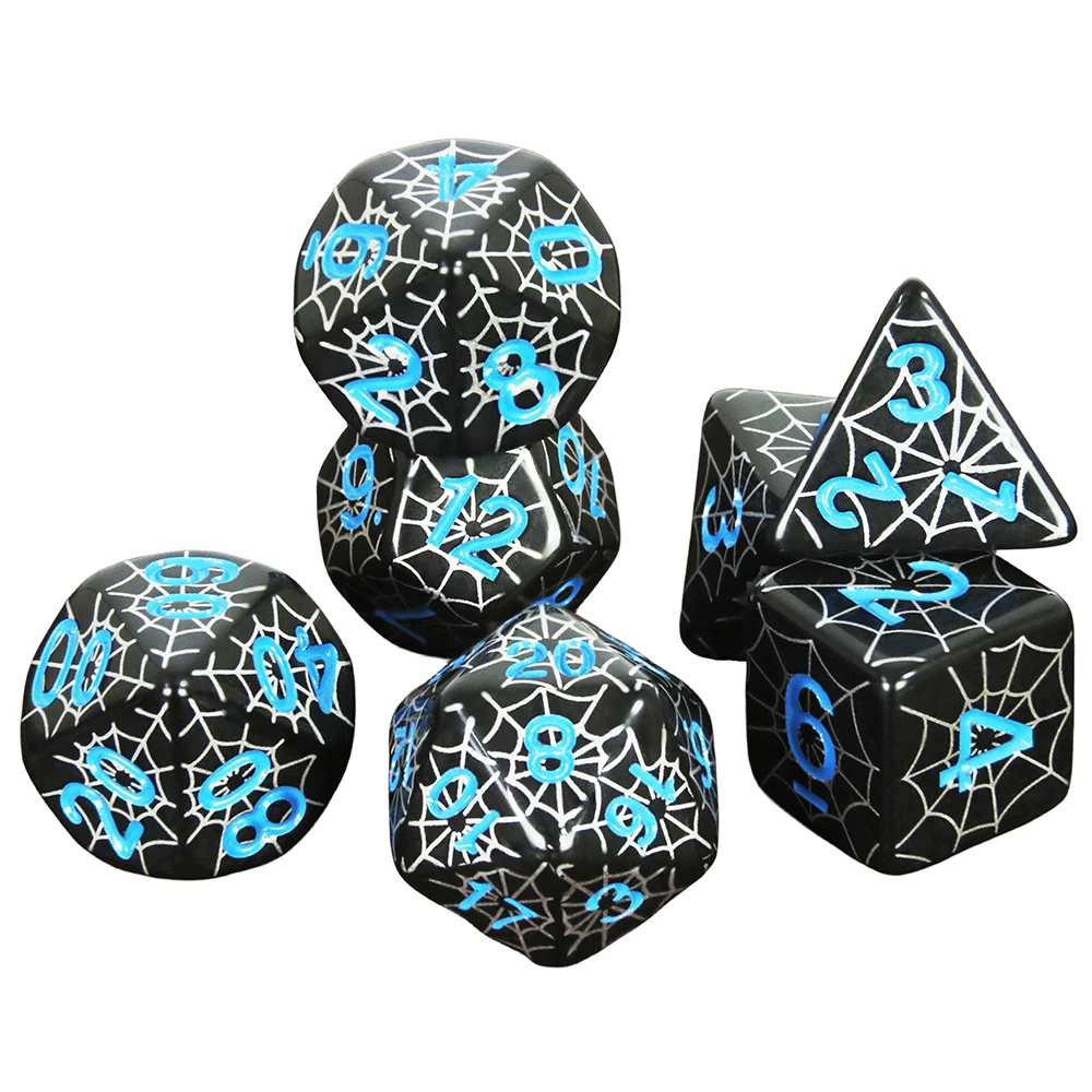 7pcs/set Polyhedral Game Dice with Vivid Silvery Spider Web Pattern Easy and Durable To Roll for DND RPG Tabletop Games