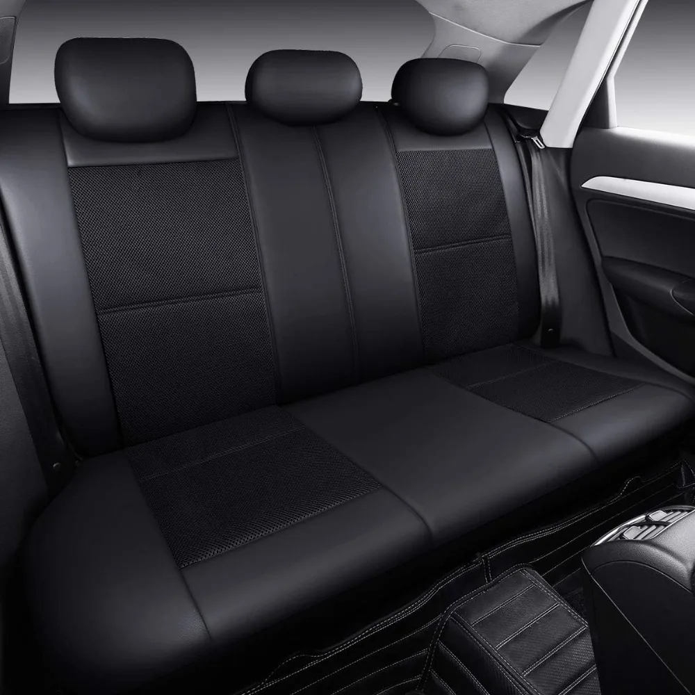 مجموعة كاملة من غطاء مقعد السيارة من الجلد والشبكة من P&J مكونة من 9 قطع مناسبة عالميًا لسيارات السيارات والشاحنات وسيارات الدفع الرباعي وسائد هوائية متوافقة (أسود) #4