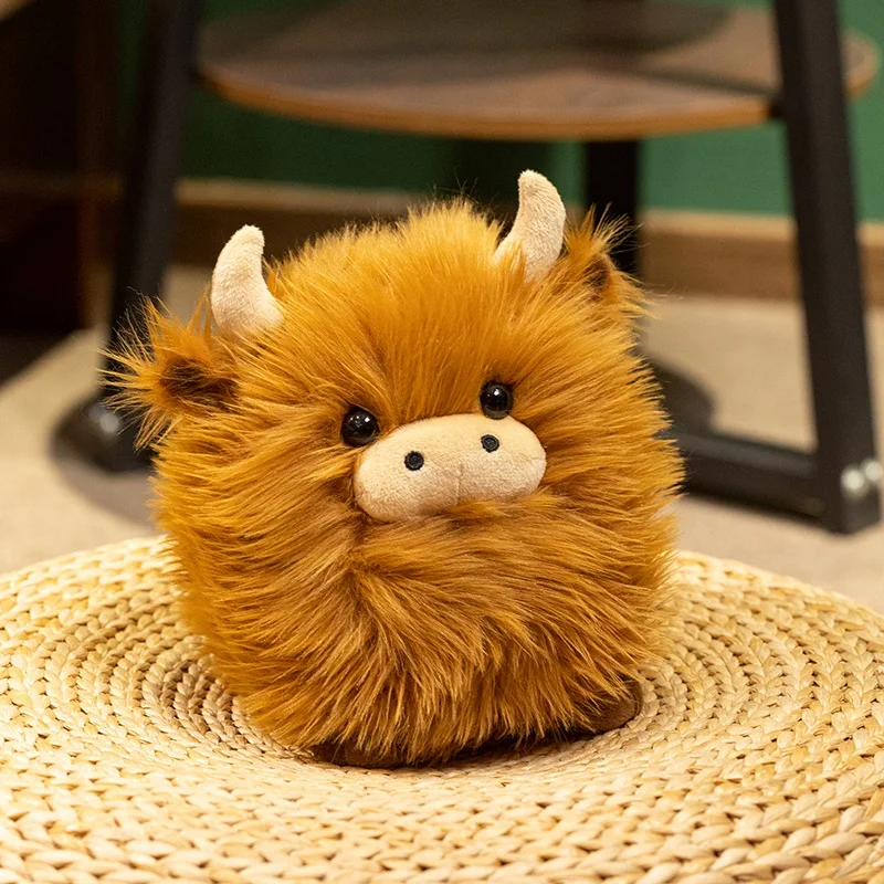 20cm Round Highland Bull Plush Toy Fluffy Long Hair Cow Stuffed Chubby Figurine Lovely Birthday Gift