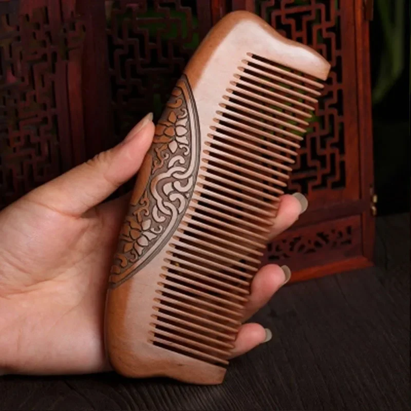 Double-sided carving pocket wooden comb Natural sandalwood ultra-fine tooth wooden comb Anti-static hair loss massage comb