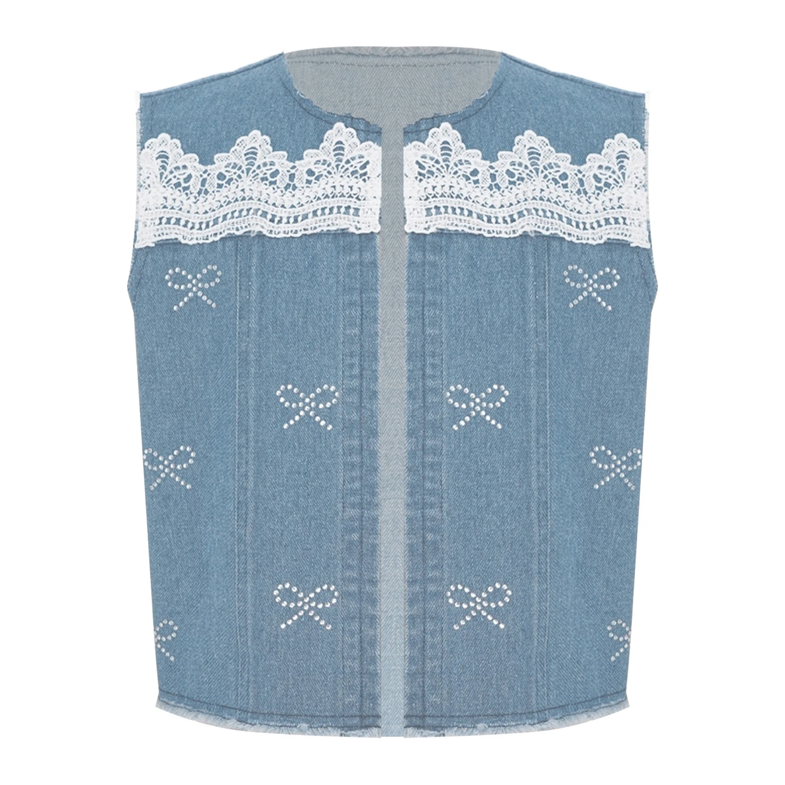 

Kids Girls Denim Vest Casual Shiny Rhinestone Bowknots Sleeveless Open Front Raw Hem Lace Trim Jackets Waistcoat Korean Waitcoat