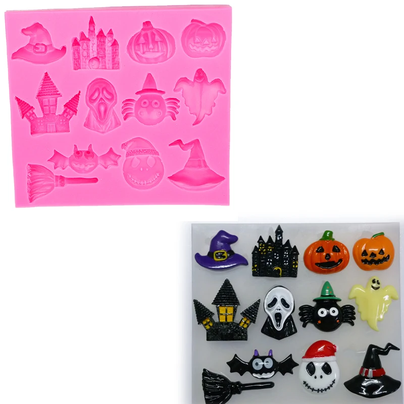 Hot Selling Halloween Pumpkin Witch Hat Castle Bat Broom Silicone Mold Fondant DIY Cake Decorating Tools   E586