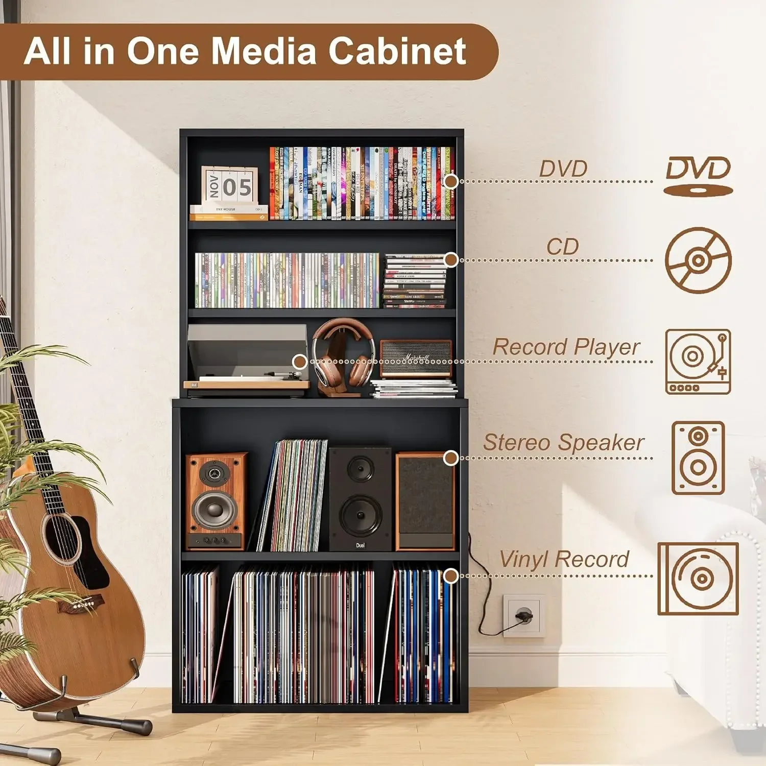 VASAAOSD DVD Storage Vinyl Record Storage Rack, 5-Tier CD Rack Tower with Record Player Stand, Vinyl Record Stand & DVD Shelf fo