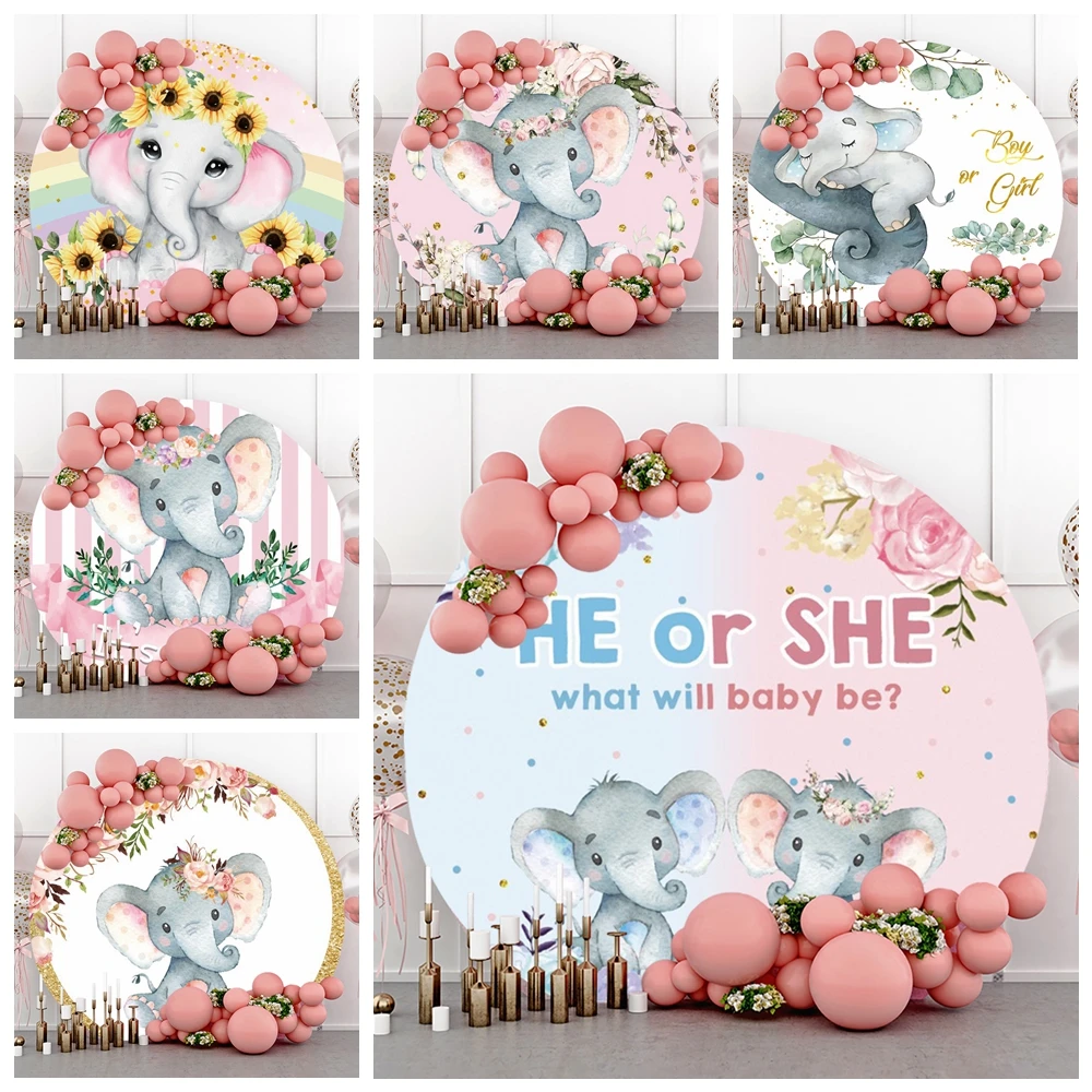 Elephant Baby Shower Round Backdrop Cover Jungle Animals Blue Pink Boy Girl Gender Reveal Birthday Party Decor Circle Background