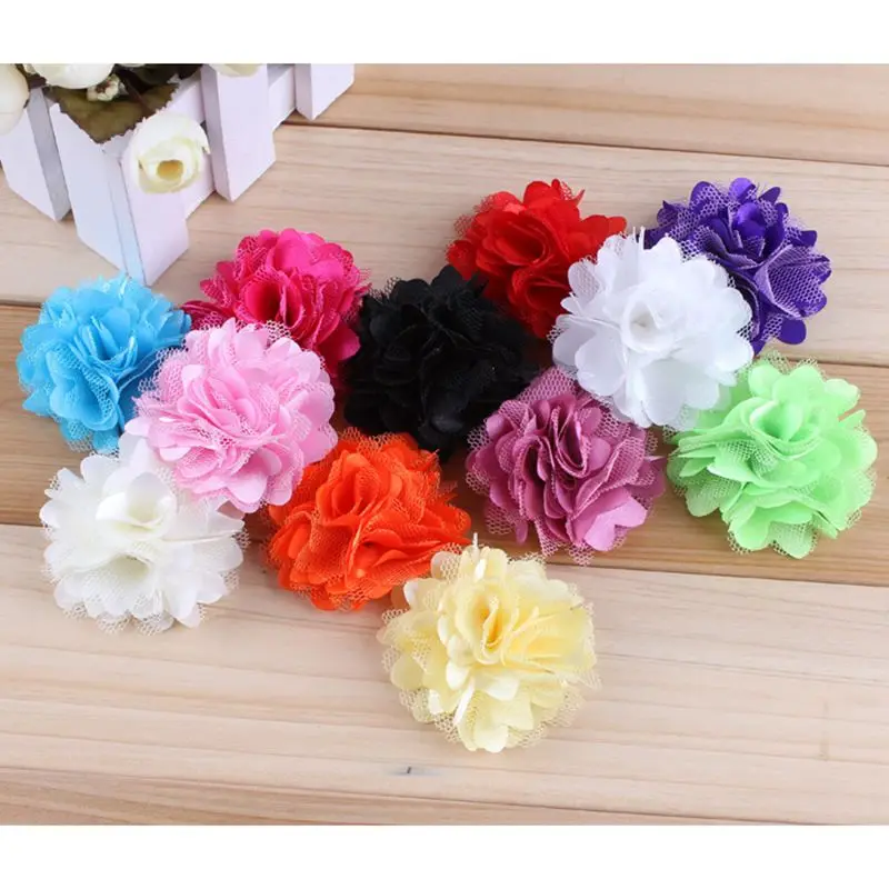 

(50pcs/lot)2" 12 Colors Mini Tulle Shimmer Chiffon Flowers Flat Back Hair Flower For Headbands Girls Hair Accessories