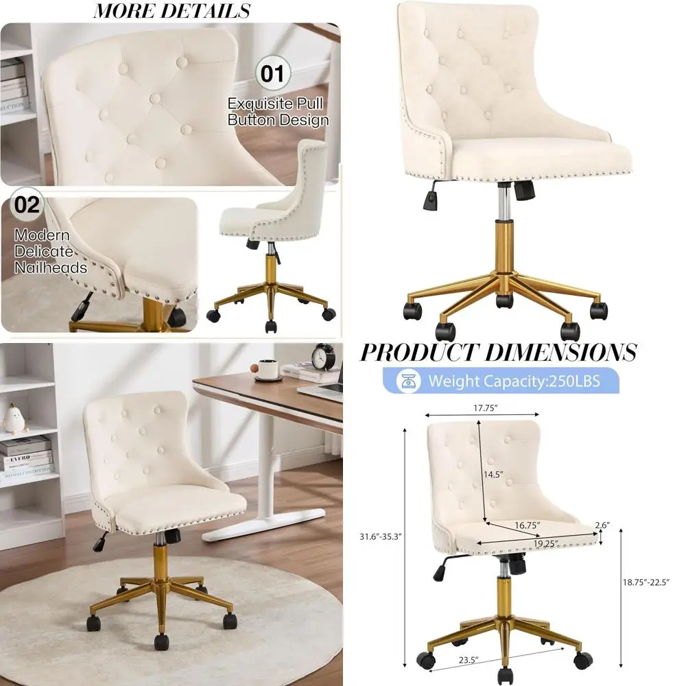 

Beige Velvet Swivel Chair: Adjustable Height Vanity Seat for Home Office & Makeup Desk