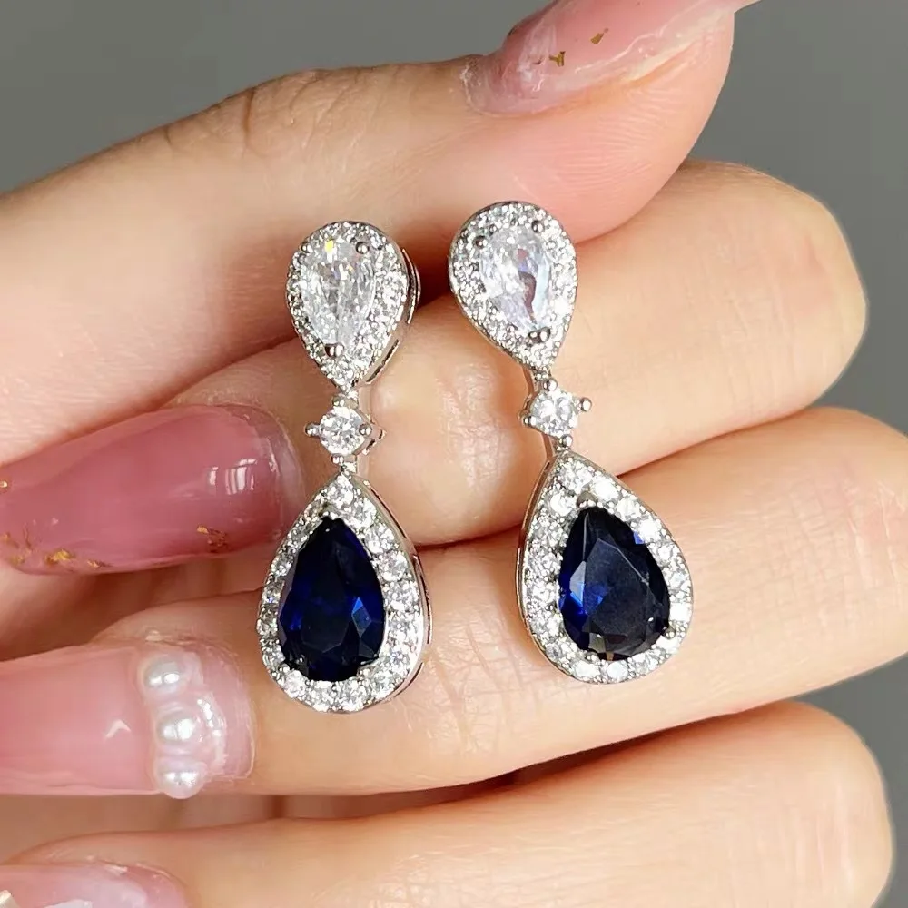 WOSIKATE Luxury Super Sparkle Royal Blue Zirconia Gemstone Earrings For Women 925 Silver Jewellery Fashion Earrings Accessories