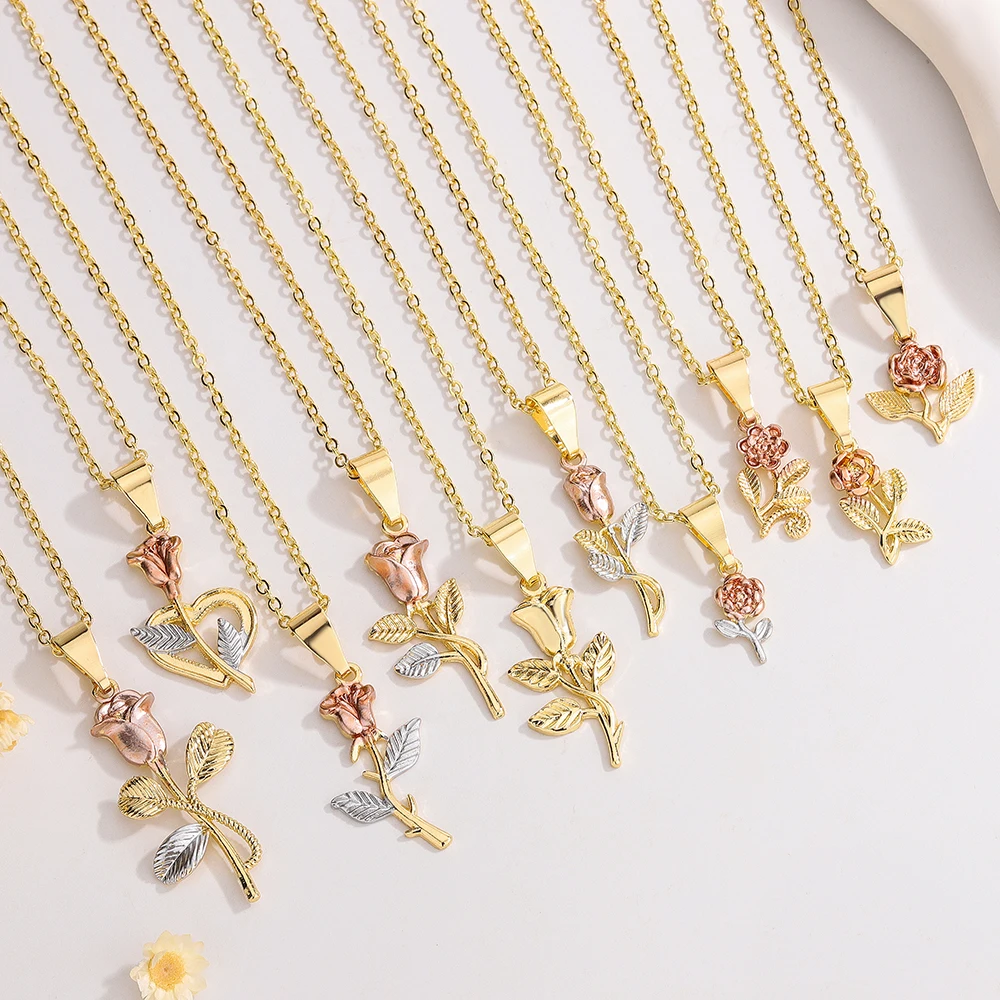 

Luck Fashion 14k Gold-plated Red Rose Simple Pink Flower Necklace Pendant To Send Rose Gifts Suitable for Women's Birthday Party