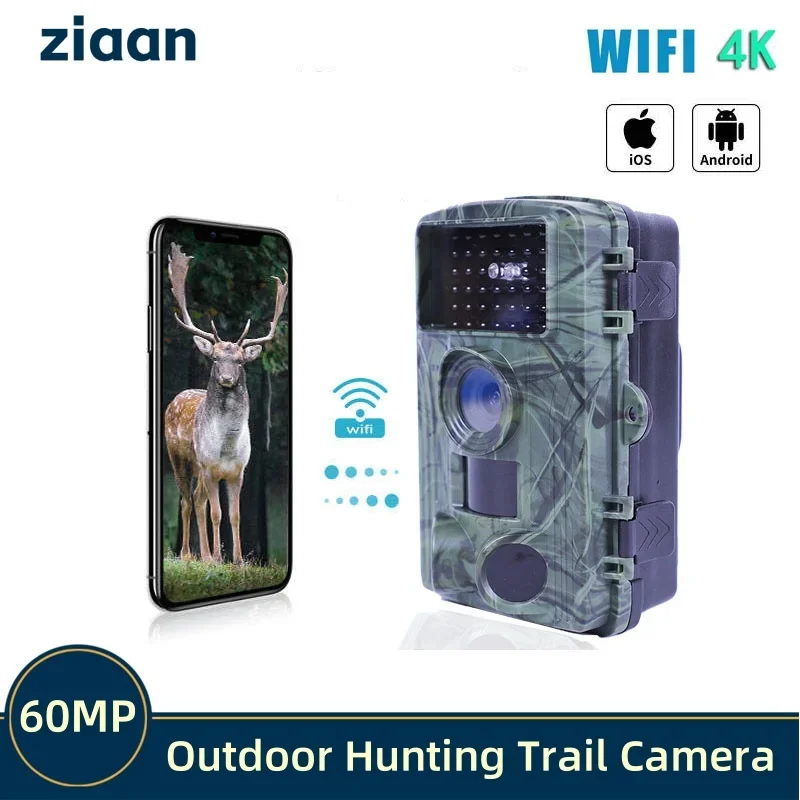 4K 60MP WIFI Outdoor Hunting Trail Camera Night Vision Waterproof Scouting Game Cam Photo Traps Wildlife Surveillance Camera