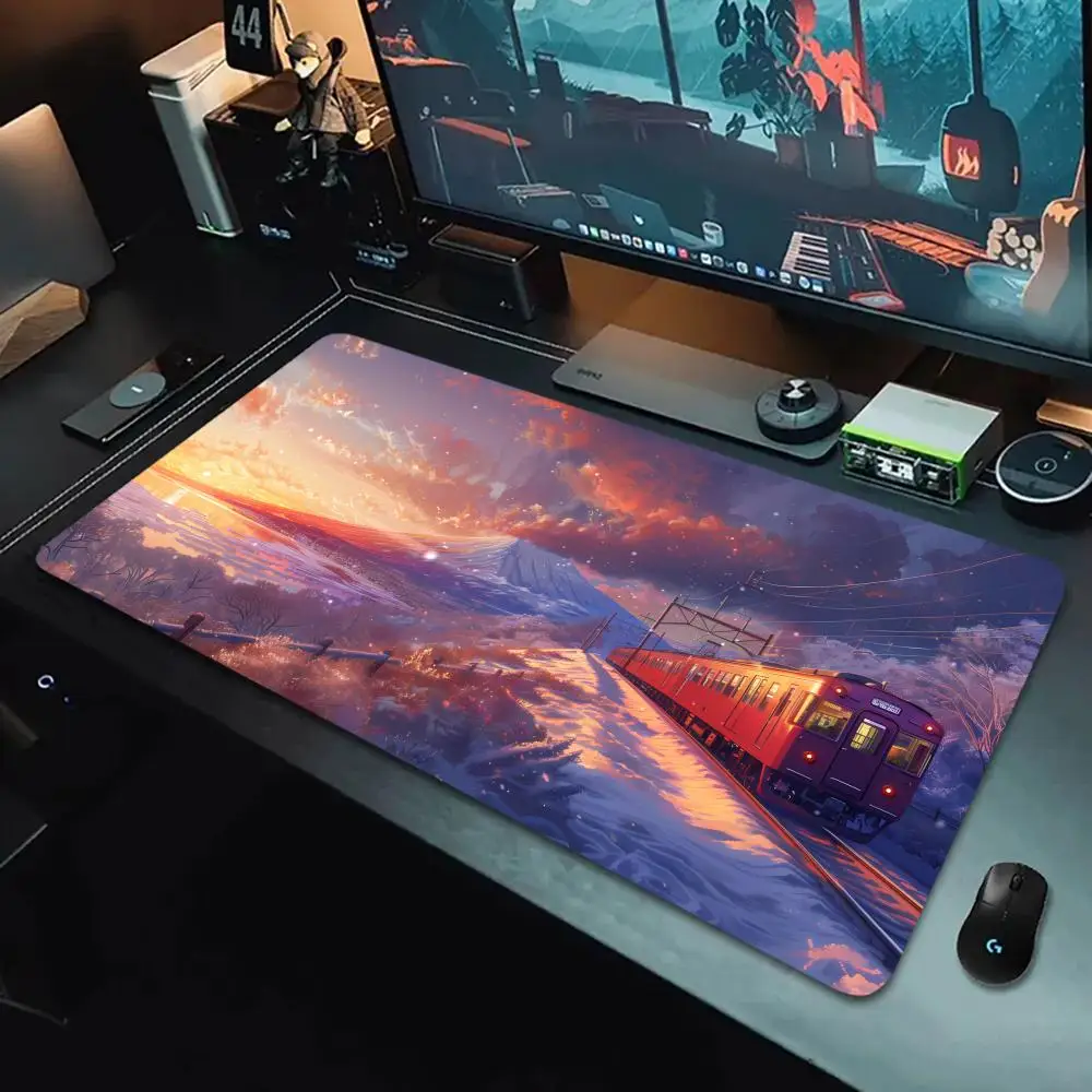 기차 애니메이션 풍경 마우스 패드 대형 컴퓨터 게임 콘솔 고무 미끄럼 방지 잠금 가장자리 키보드 패드 사무실 확장 데스크 패드
