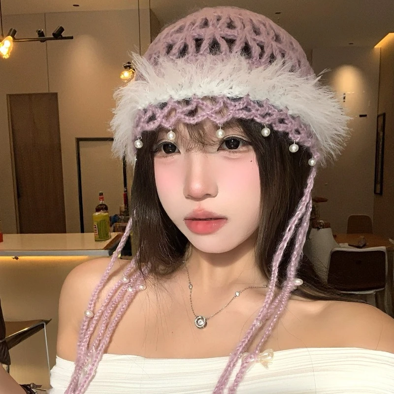 

Korean Pearl Bow Fringe Cut-out Pullover Pile Hat for Women's Spring and Summer Bohemian Thin Breathable Knitted Beanie Caps