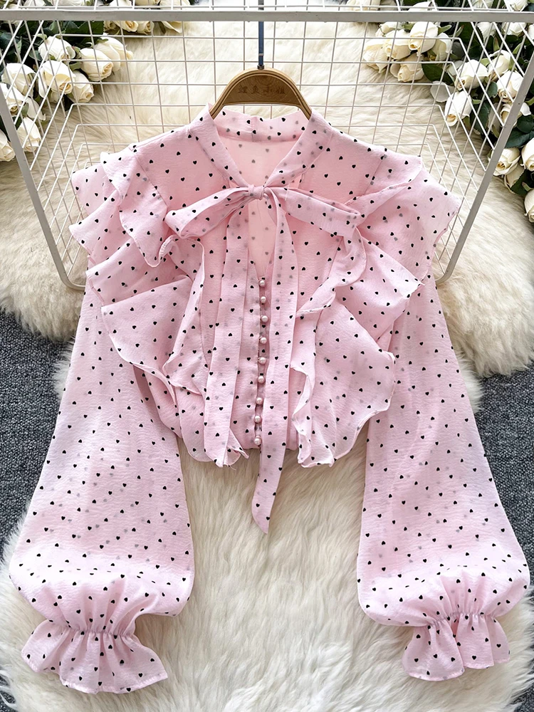

French Sweet Long Sleeved Blouse Women's Clothing Spring Autumn New Bow Ruffle Edge Polka Dot Printed Chiffon Shirt Top C42
