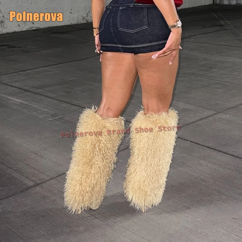 الفراء الأبيض مثير حذاء برقبة للركبة أشار تو خنجر سحب على الصلبة المرقعة الشارع نمط حار فتاة الجوارب الموضة 2025 الشتاء #5