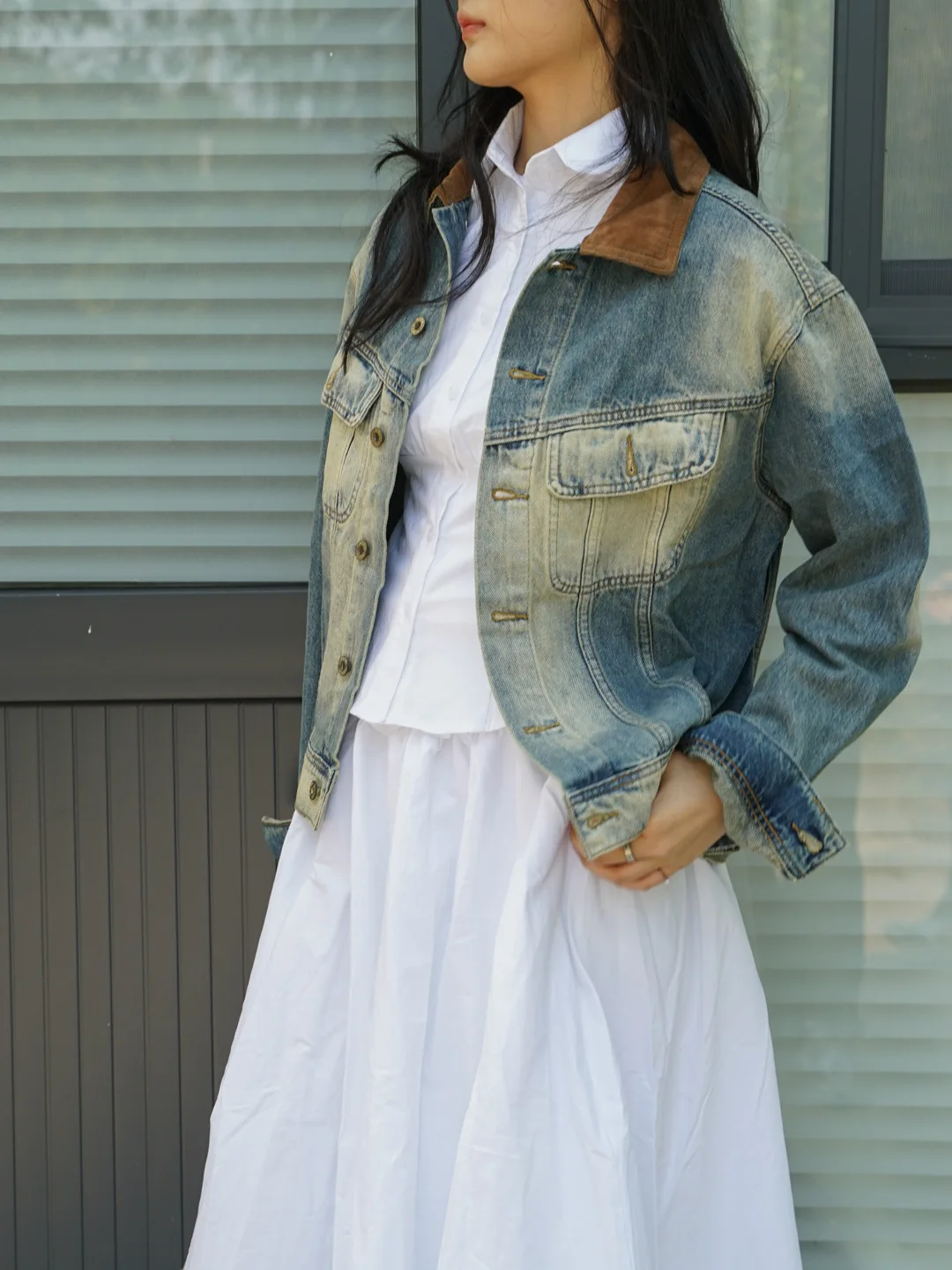 

Женская стираная джинсовая куртка с вельветовым воротником, винтажное пальто-бойфренду большого размера с заниженными плечами