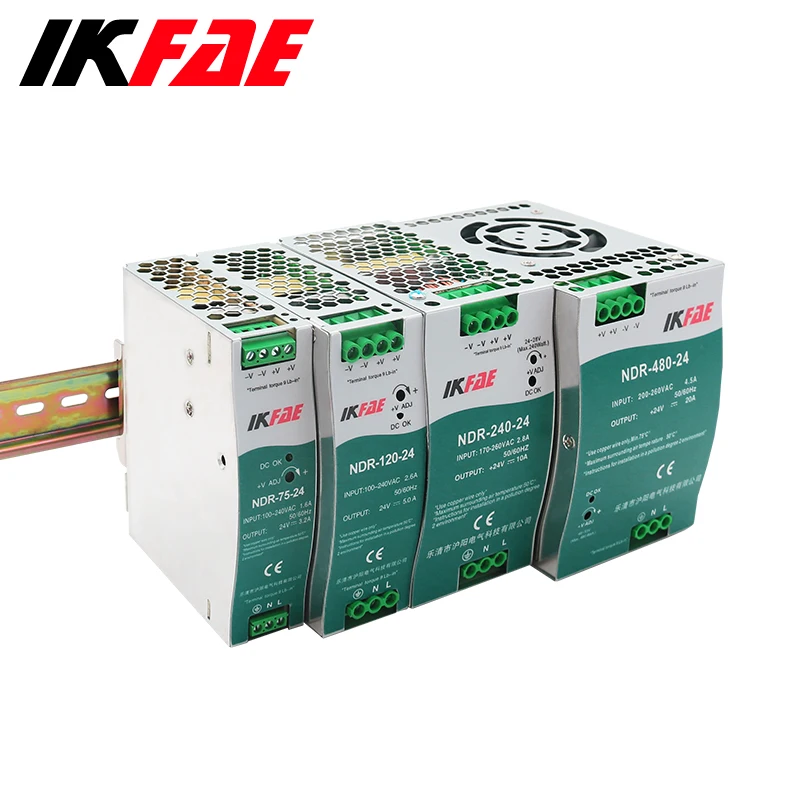 IKFAE DIN Rail Switching Power Supply, Single Output Source, 12V, 24V, 48V, NDR-75, 120, 240, 480