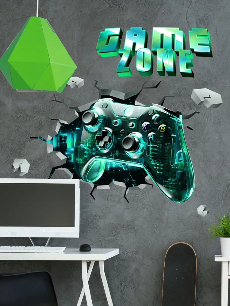 Zone de jeu Mural de jeu trou de mur cassé Art 3D manette de jeu autocollants en vinyle pour la maison Gamer chambre d'enfants chambre décoration grand papier peint