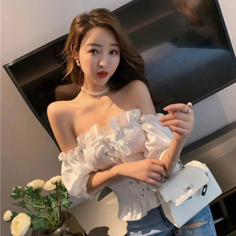 Blouses Women Summer Fashion Hotsweet Slash Neck Vintage Lace-up Designed Graceful Cropped Puff Sleeve Clothing Tender Ulzzang