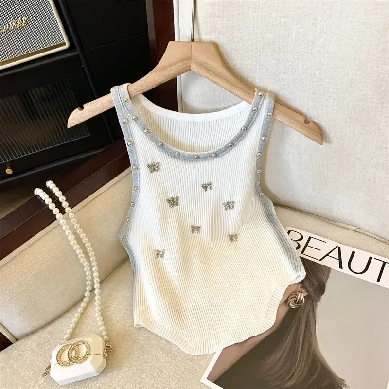 American Retro Heavy Industry Diamond Beads Chic Hem-cut Knitted Sling Vest Summer Slim-fitting Short Sleeveless Top