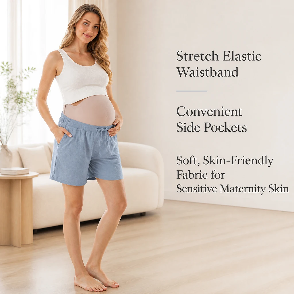 Women's Maternity Waffle Knit Shorts Loose Elastic Waist Casual Pregnancy Shorts with Pockets Home Lounge Wear