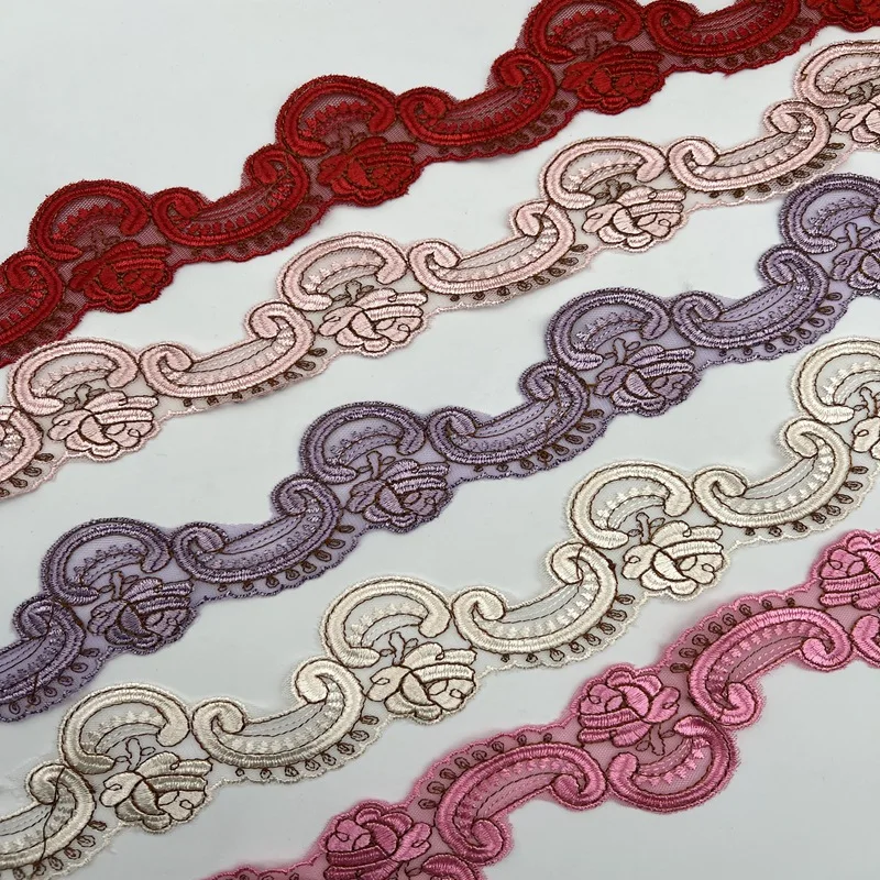 2Yards 5cm wide Ivory Red Lace Ribbon Embroidered Diy Handmade Patchwork Lace Trim Sewing Supplies DIY Crafts