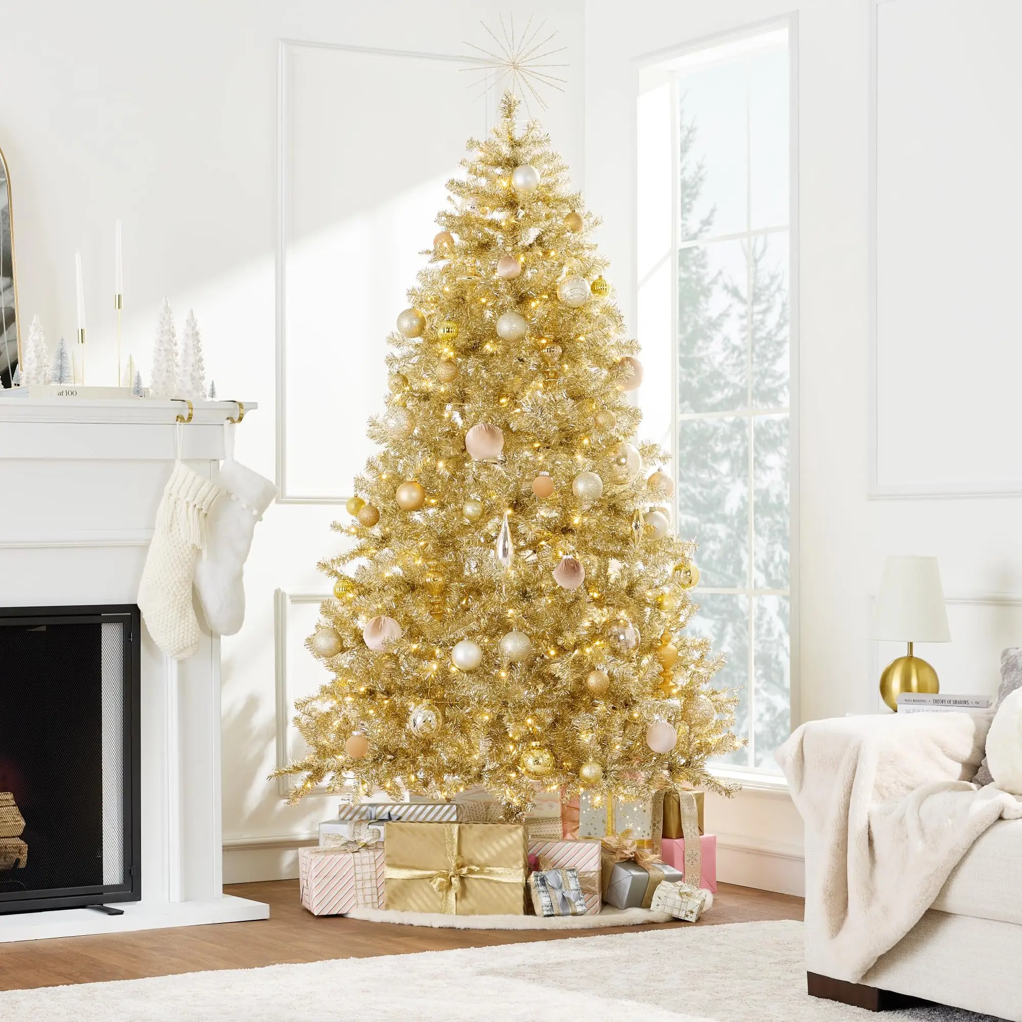 7.5ft Prelit Tinsel Christmas Tree w/Twinkling LED Lights, Artificial Seasonal Holiday Decoration w/ 550 Lights, 1,350