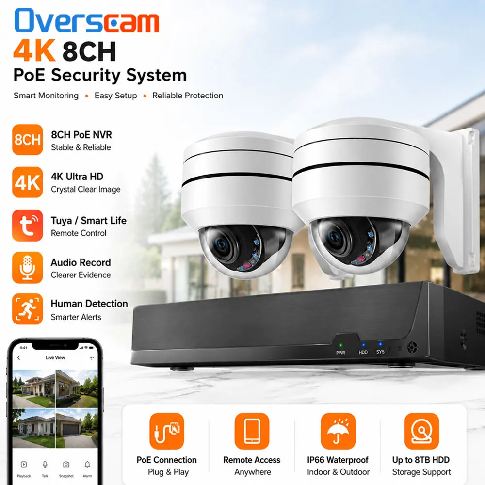 12X Zoom 8MP POE PTZ Explosion-Proof Metal Dome IP Camera 8CH 4K Tuya POE NVR Surveillance System Motion Detection P2P NVR Video
