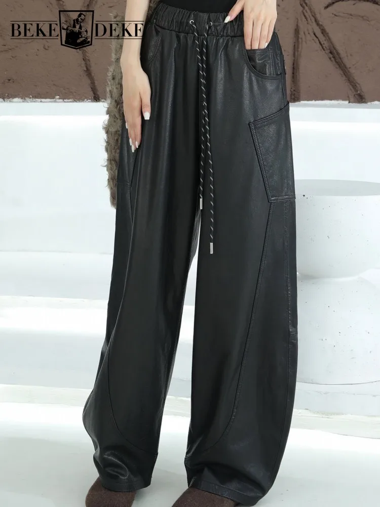 Concise Ladies Pockets Genuine Leather Pants Solid Color Cowhide Elastic Waist Pant Loose Sequins Lace Up Wide Leg Trousers