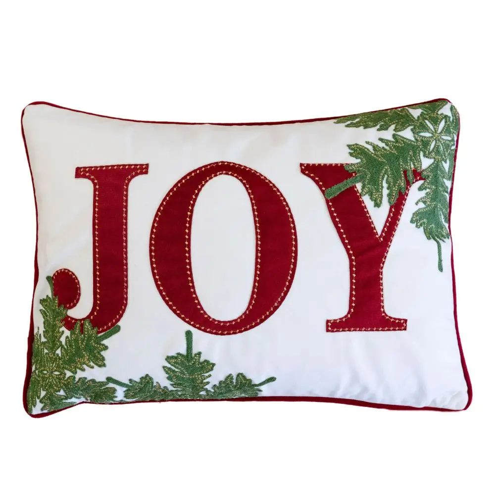 

Throw Pillow, Embroidered Christmas Throw Pillow – 14x20" Velvet Lumbar Cushion in Red and White with Green Holiday Accents
