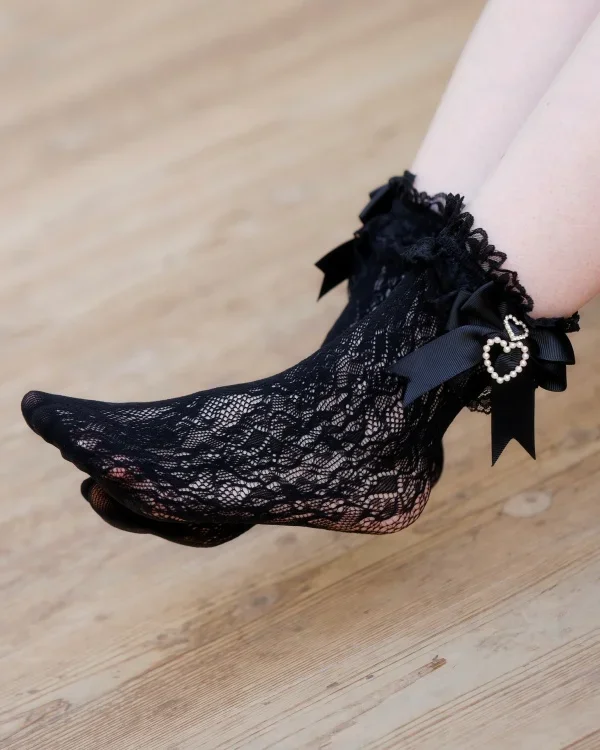 Kawaii Girls All-matching Long Socking Handmade Sweet Lolita Bow Pearl Heart Pendant Lace Mid-Calf Crew Socks Japanese Stocking