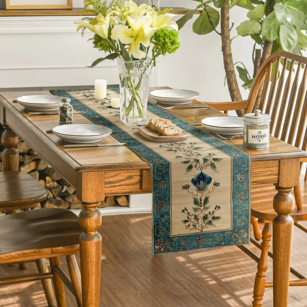 Blue Gray European Vintage Table Runner - Classical Palace Ornamental Border Cover for Living Room Coffee Table Dining Decor