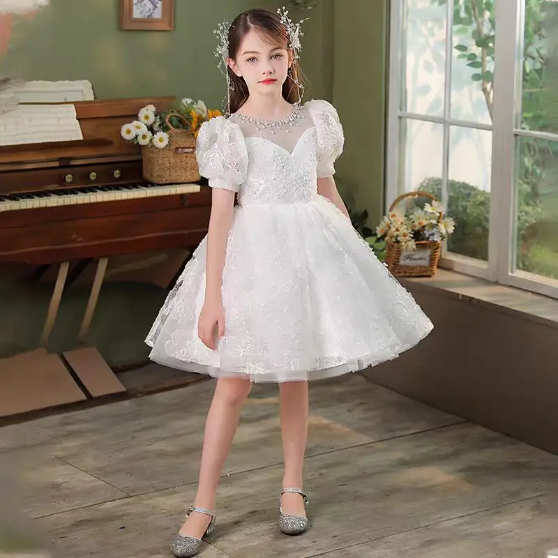 Jill Wish Splendido abito bianco per neonate con maniche a sbuffo in pizzo ricamato principessa per bambini matrimonio festa di compleanno abito da ballo J718