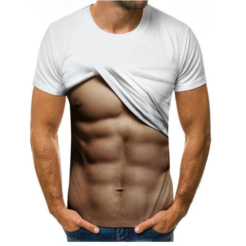 Men\'s 3D Muscle Printed Short Sleeve Shirt Novelty Simulation Body Shirts Muscular Tough Guy T-Shirt Toned Body Tops