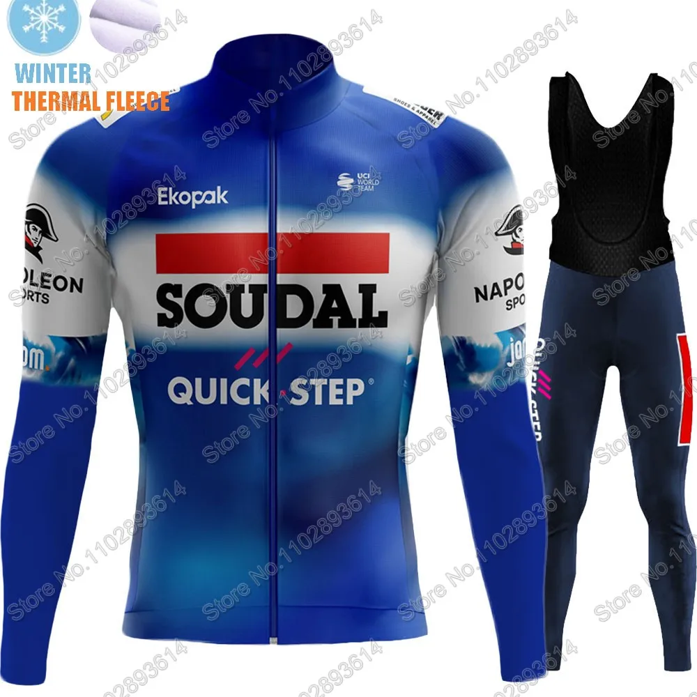 Soudal Quick Step Team Winter 2024 Cycling Jersey Clothing Set Thermal Fleece World Champion Long Sleeve Pants Bib Bike Suit MTB