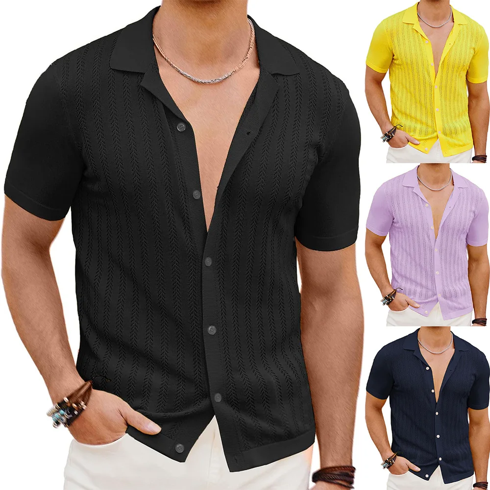 Summer New Short-sleeved Mens Clothing Fashion Knitted Hollow Breathable Cool Shirt Casual Large-size Mens Clothing