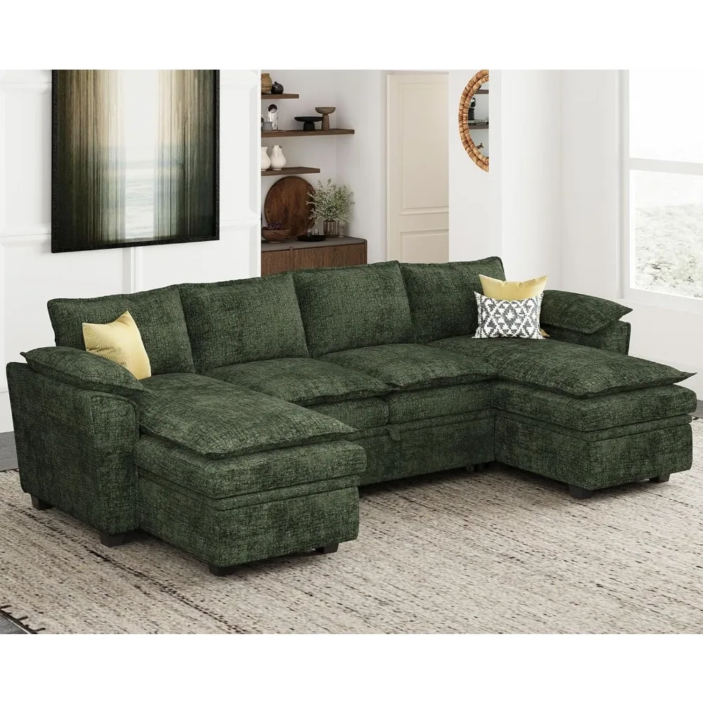 

Модульный секционный диван-кровать с выдвижной кроватью U-образный диван из синели с местом для хранения вещей, зеленый