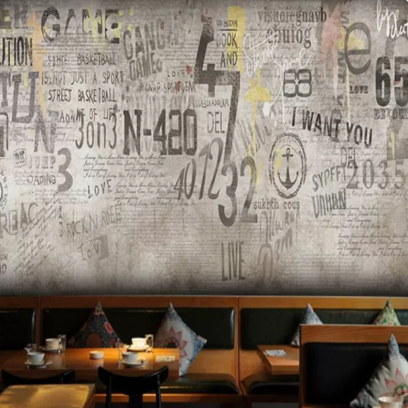 Custom Clothing Letter Graffiti Wallpaper European Retro Cement Industrial Style Bar Milk Tea Shop Living Room Background Mural