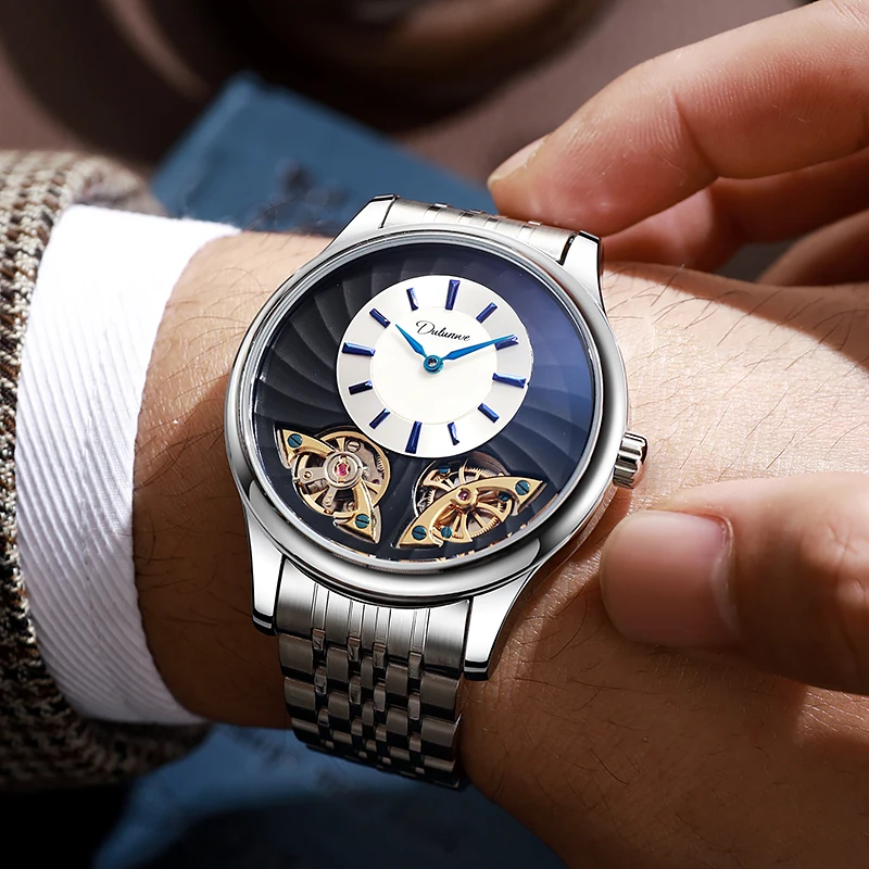 Luxury Double Tourbillon Automatic Men Wristwatch Hollow‑Out Movement Stainless Steel Band Elegant Business Watch