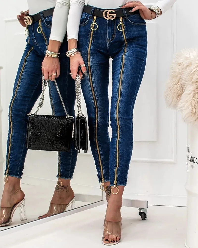 Sexy Women High Waist Jean O-Ring Zipper Decor Skinny Jeans Zippers Button Tassel Line Lower Garment