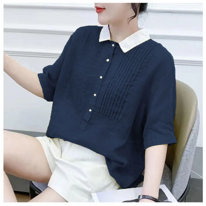 Vintage Loose All-match Contrast Shirt Tops Summer New Polo Neck Short Sleeve Solid Color Blouse Fashion Casual Women Clothing