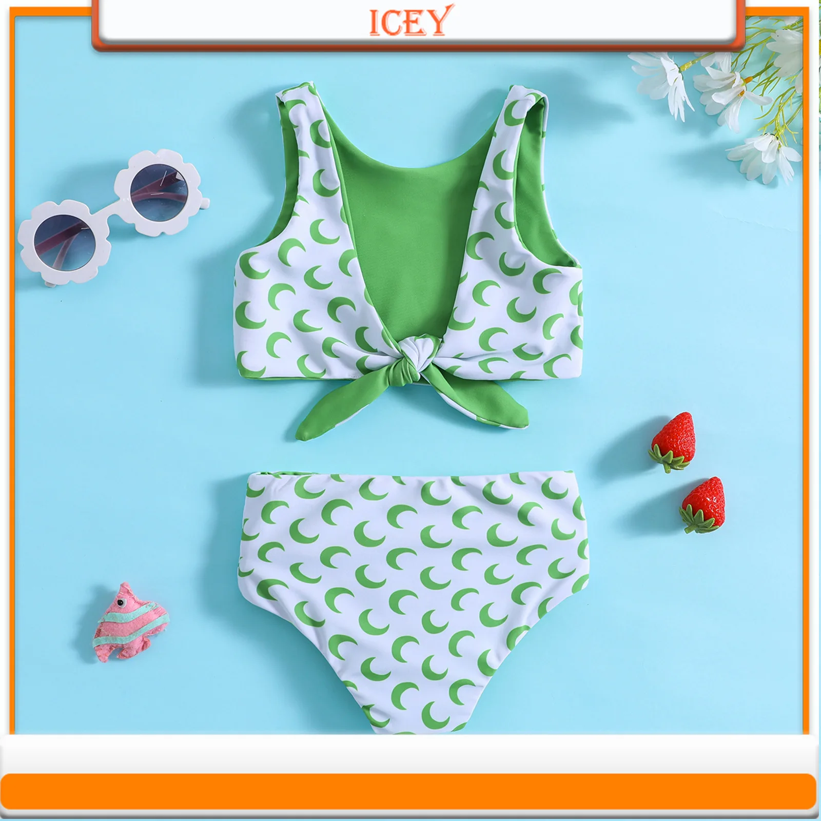 Girls and baby girls wearing cute flower print 2-piece bikini swimsuit set on both sides Two-Piece Suits