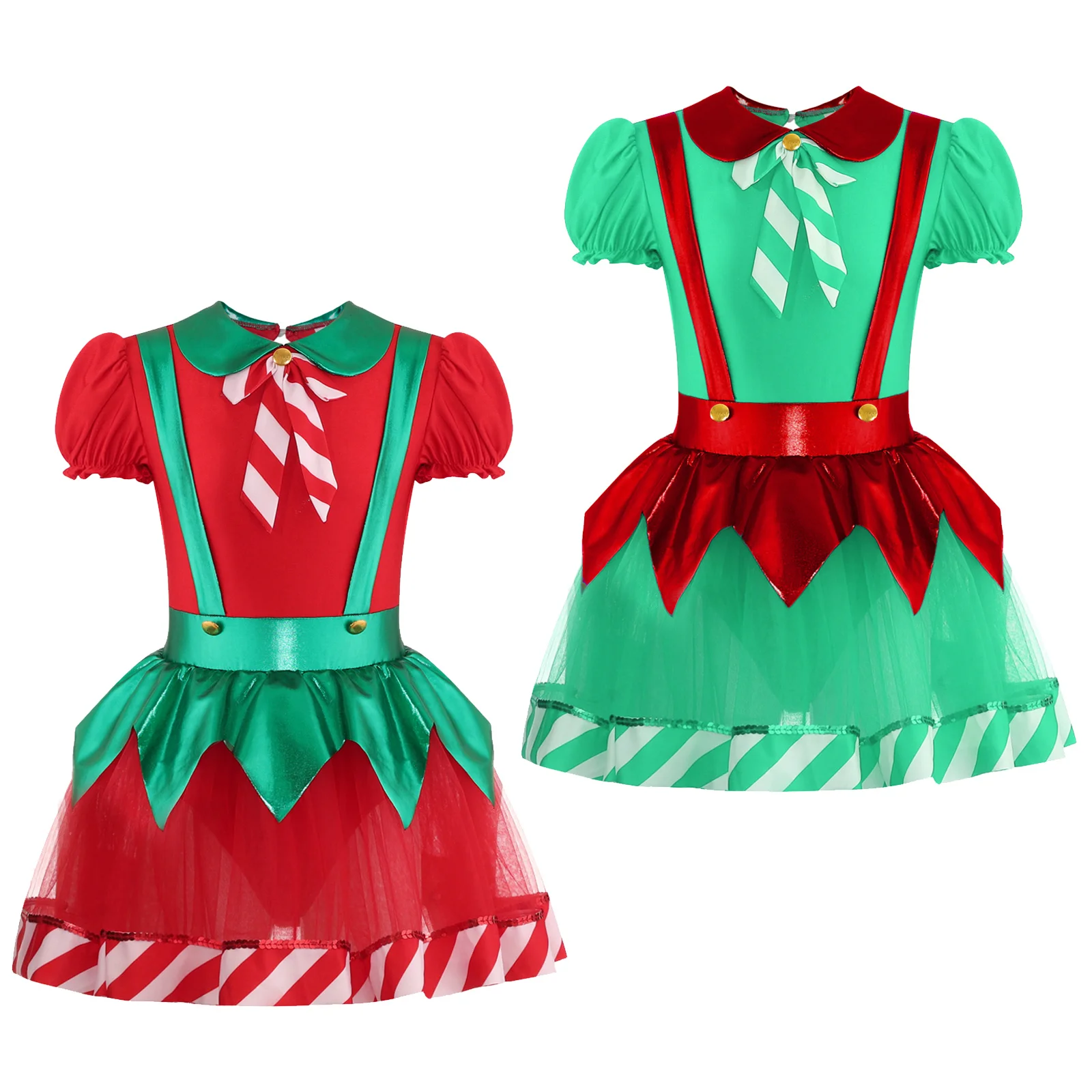 Girls' Christmas Dance Leotard Traje, Puff Sleeve Stripes Tutu Dress, Suspender Macacão para Show de Festa