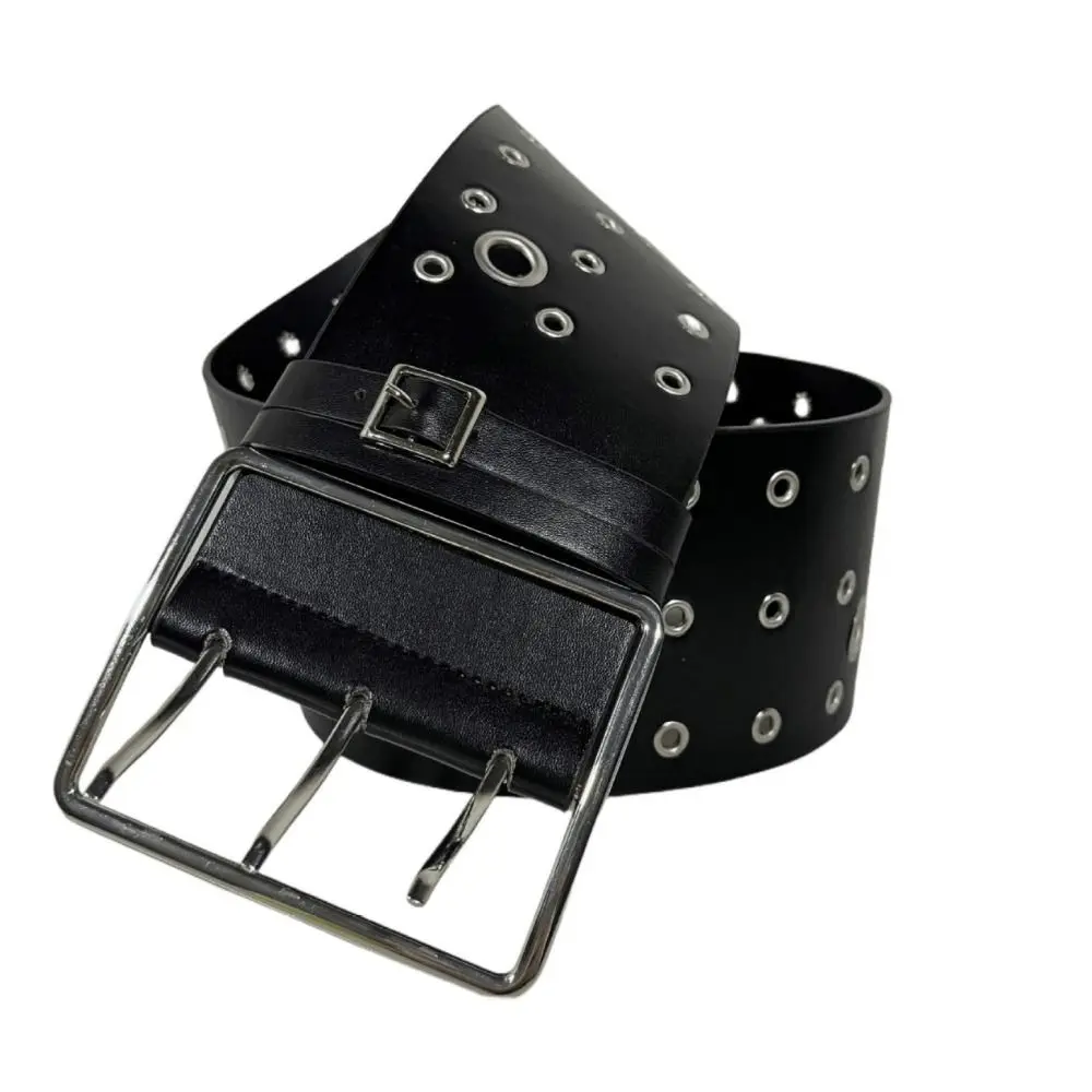 調節可能な中空リベットワイドベルトパーソナライズされたデザイン3列ニードルバックルy2kクールガールズベルトパンクスタイルヴィンテージ