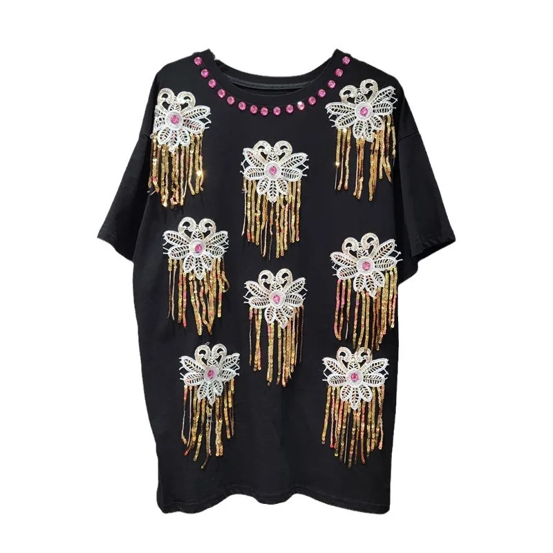 Heavy Industry Rhinestone Flower Sequined Tassel T-shirt Women 2024 Summer Mid-Length Loose Casual Round Neck Chic White Top